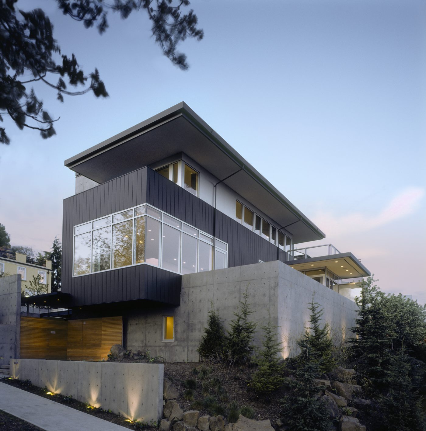 Architect-designed home at dusk